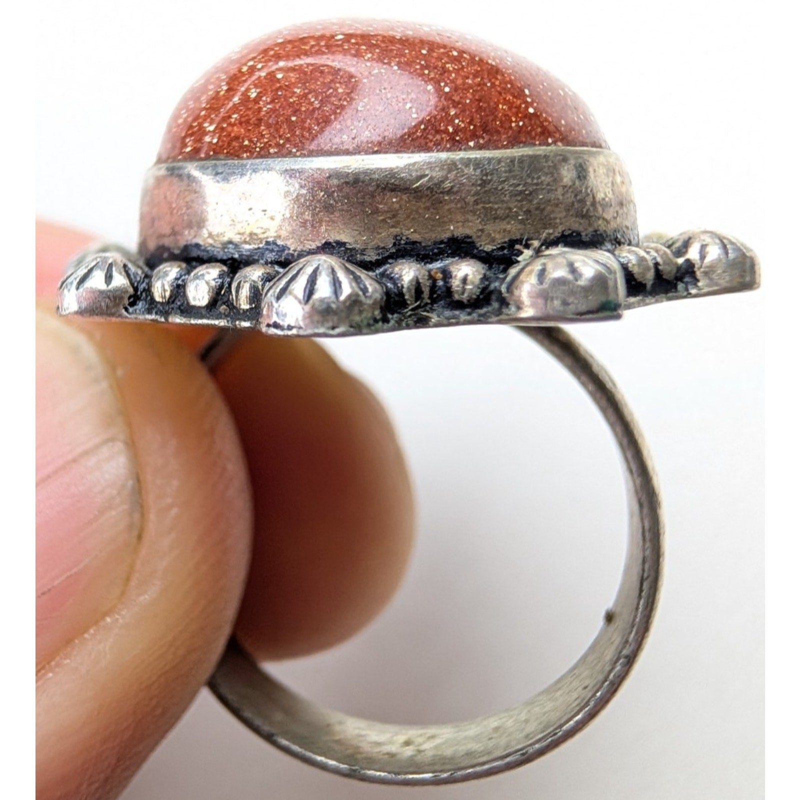 Southwestern Orange Sunstone Sterling Silver 925 Beaded Ring Size 9