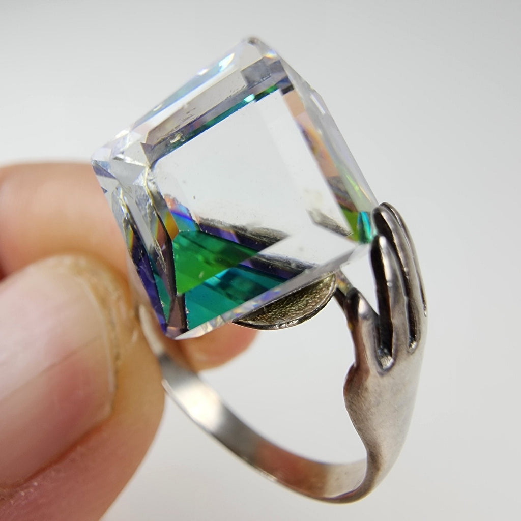 Hands w Iridescent Dichroic Cube Ring Size 7 1/2 Sterling Silver 925 Modernist