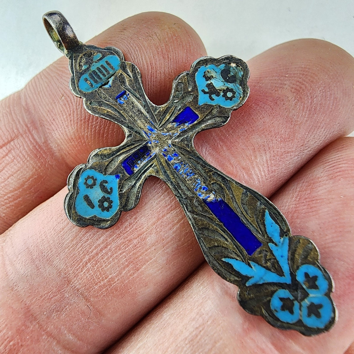 Russian Imperial Enamel 84 Silver 875 Cross Crucifix Antique Pendant