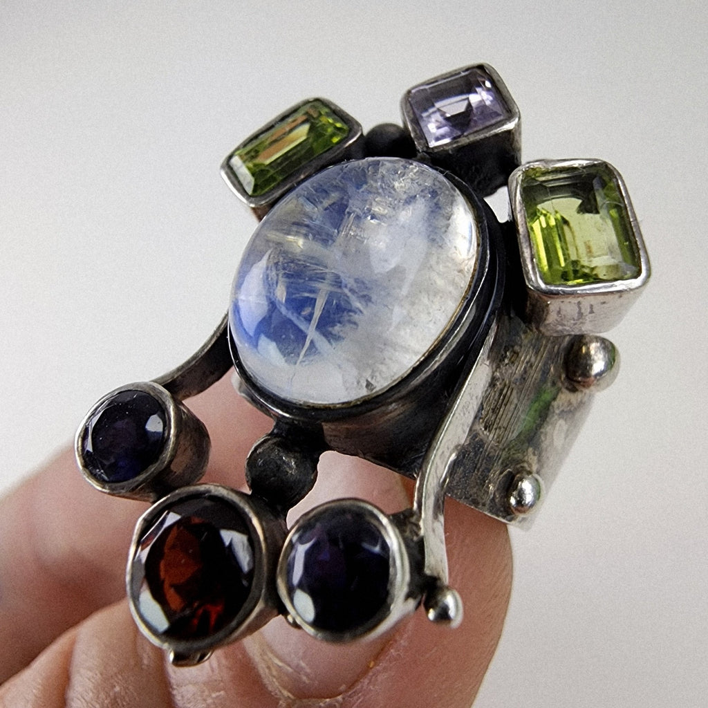 Rainbow Moonstone Gemstone Cluster Ring Size 6 3/4 Sterling Silver 925 Vintage