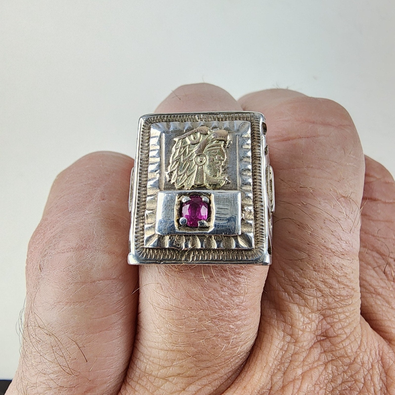 10K Gold Ruby Mayan Warrior Mexican Biker Ring Size 11 Sterling Silver 925