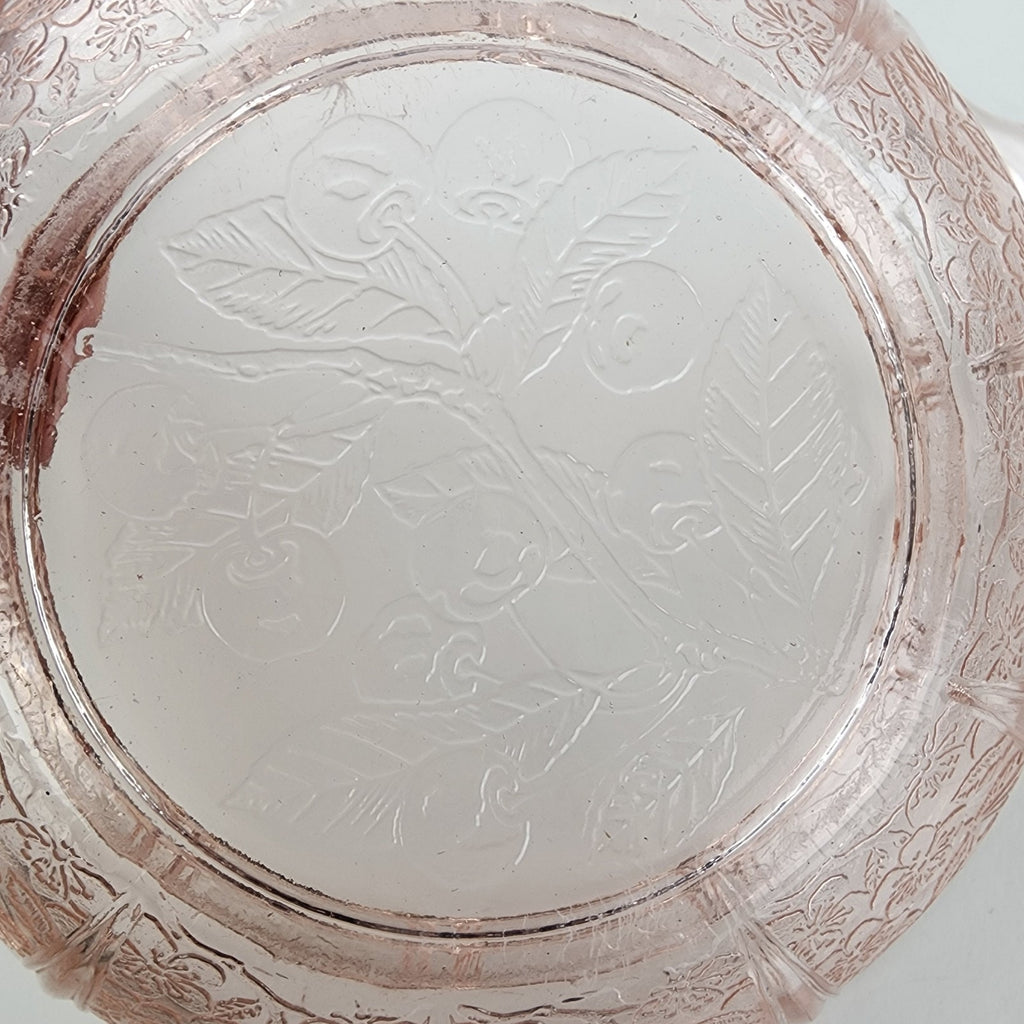 Jeanette Pink Depression Glass Handled Bowl Cherry Blossom Floral Pattern 1930s