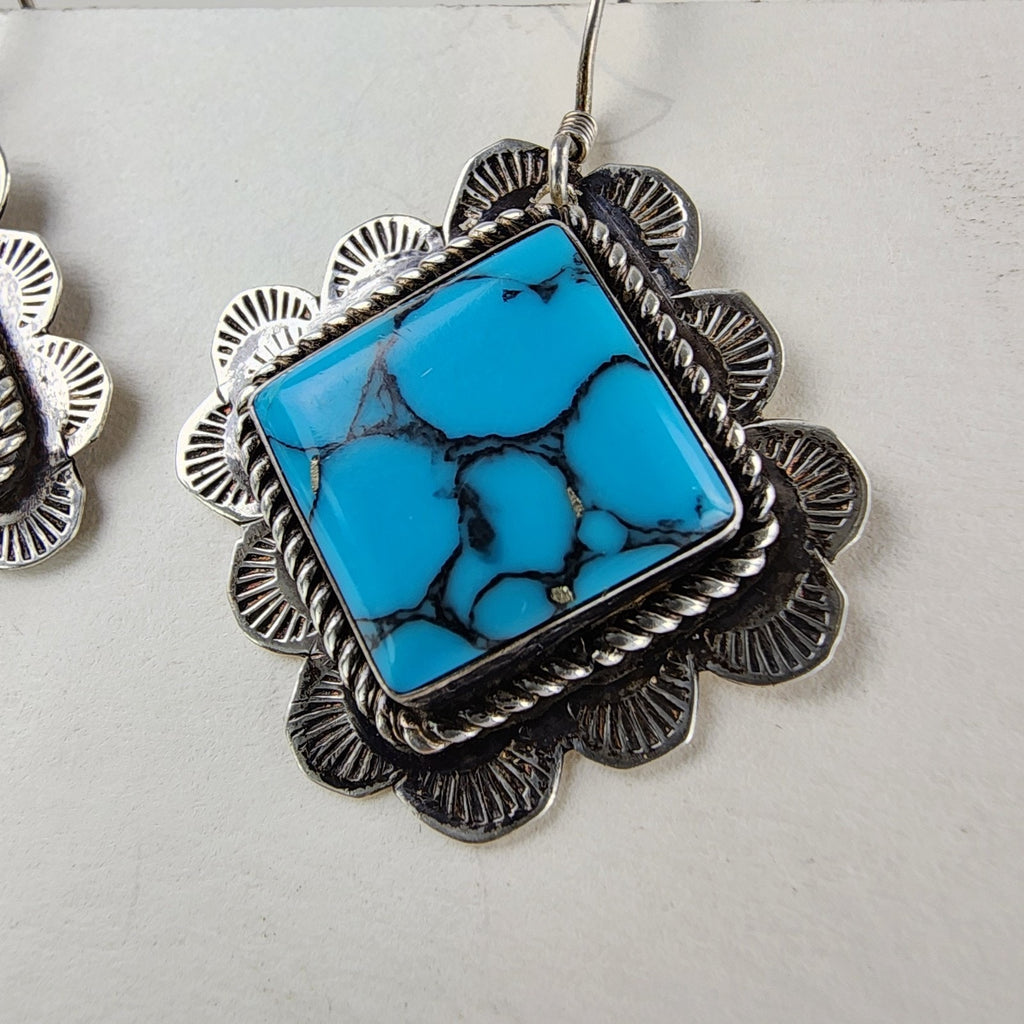 Spiderweb Turquoise Stamped Native Earrings Sterling Silver 925 Vintage
