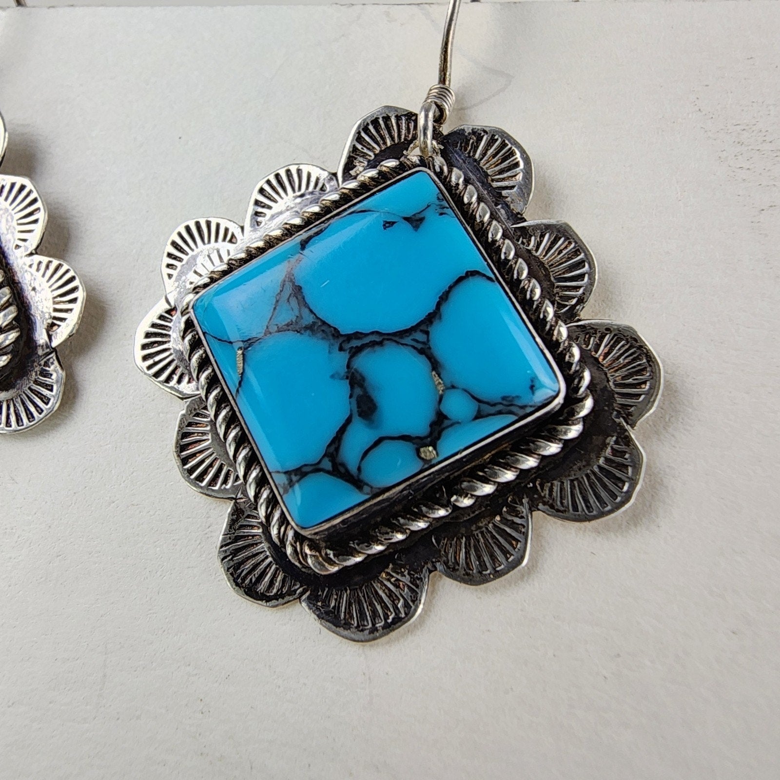 Spiderweb Turquoise Stamped Native Earrings Sterling Silver 925 Vintage
