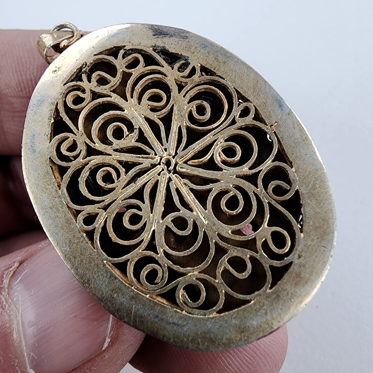 Vintage Chinese Carved Tigers Eye Pendant with Gold Finish & Filigree Back