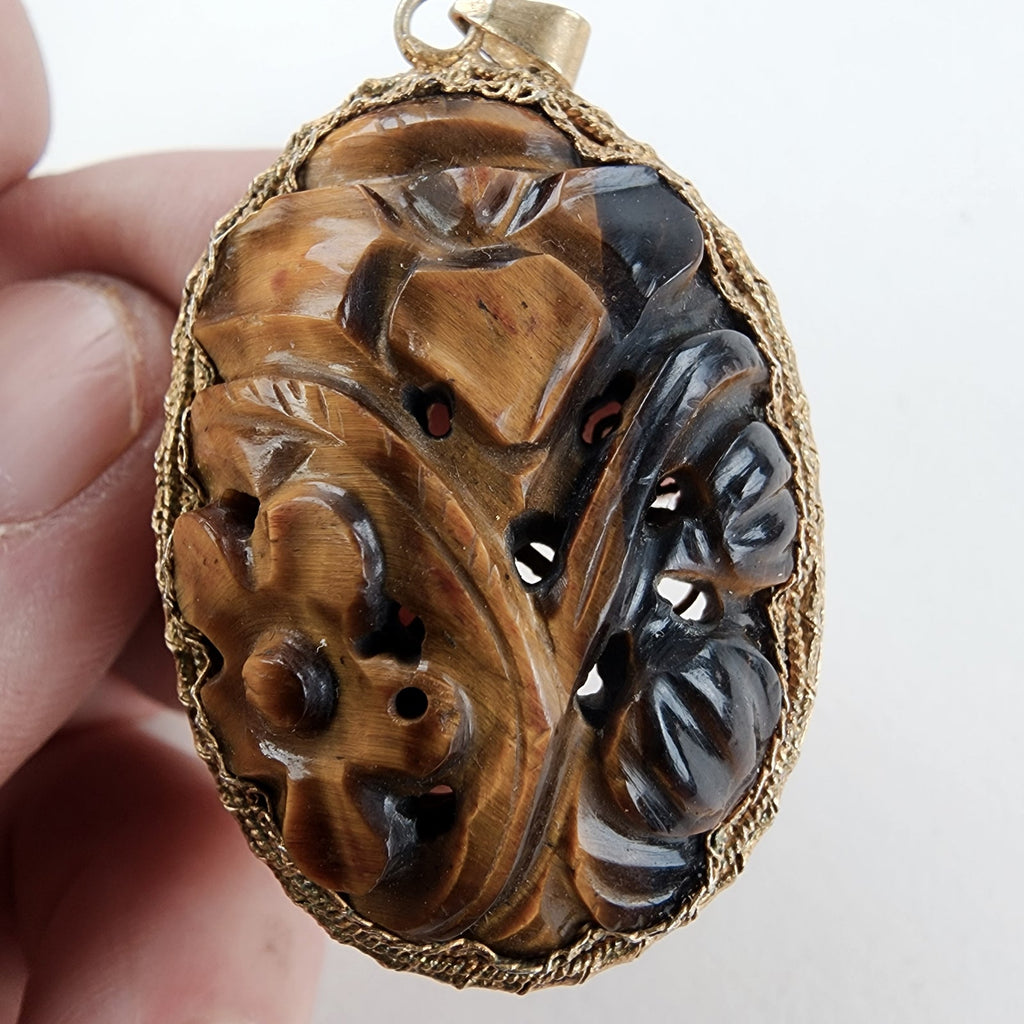 Vintage Chinese Carved Tigers Eye Pendant with Gold Finish & Filigree Back
