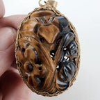 Vintage Chinese Carved Tigers Eye Pendant with Gold Finish & Filigree Back