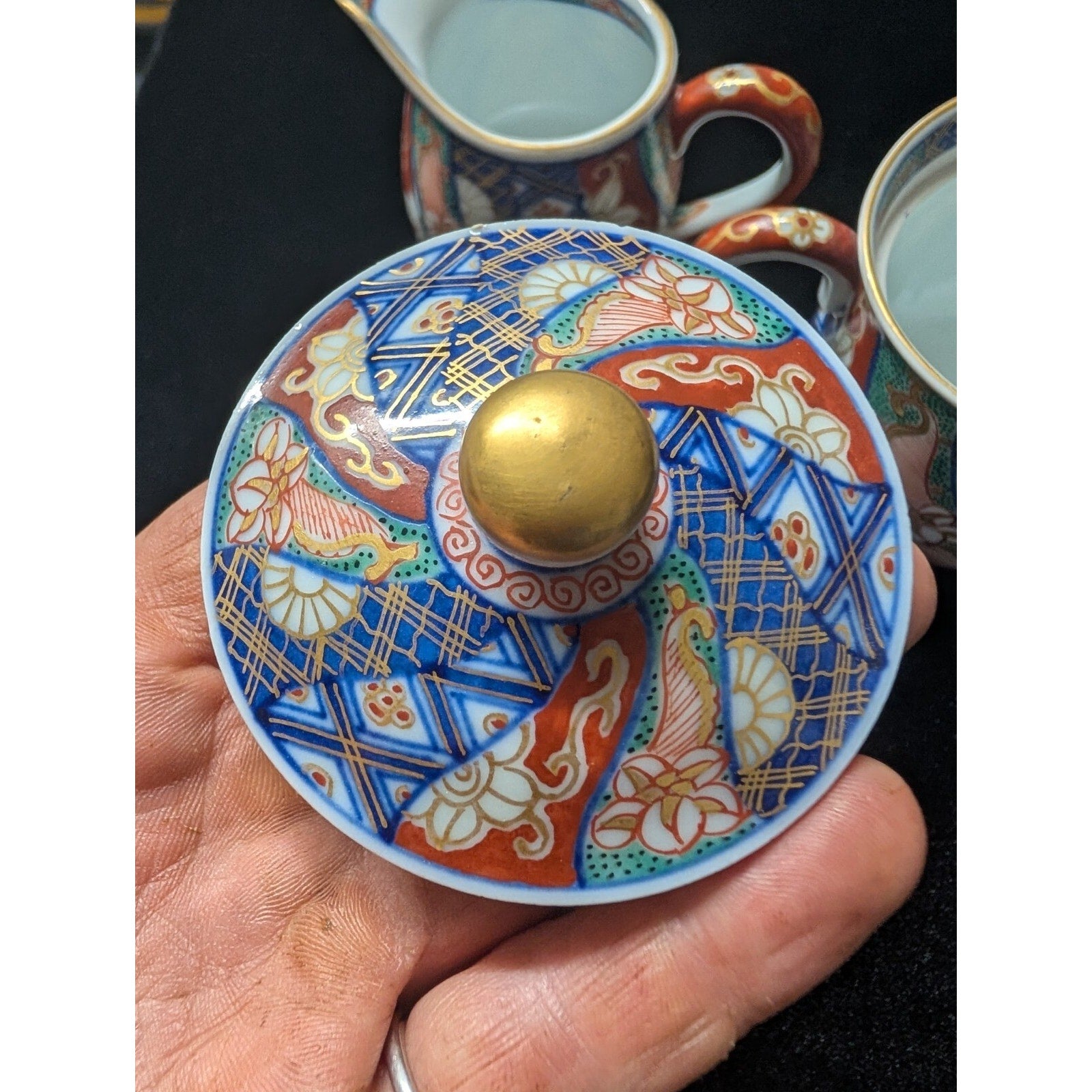 Japanese IMARI Coffee Creamer and Sugar Bowl Hand Painted Porcelain MCM Arita