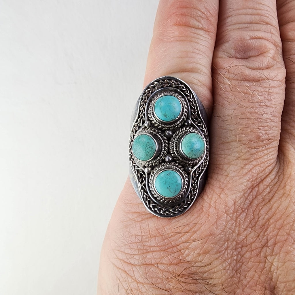 Howlite Turquoise Shield Ring Size 10 Sterling Silver 925 Vintage Bohemian