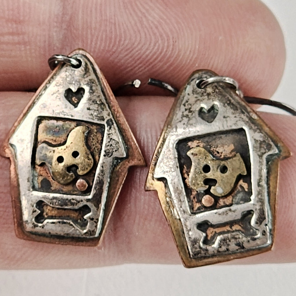 Far Fetched Studios Dog House & Bone Dangle Earrings Sterling Silver 925 Copper