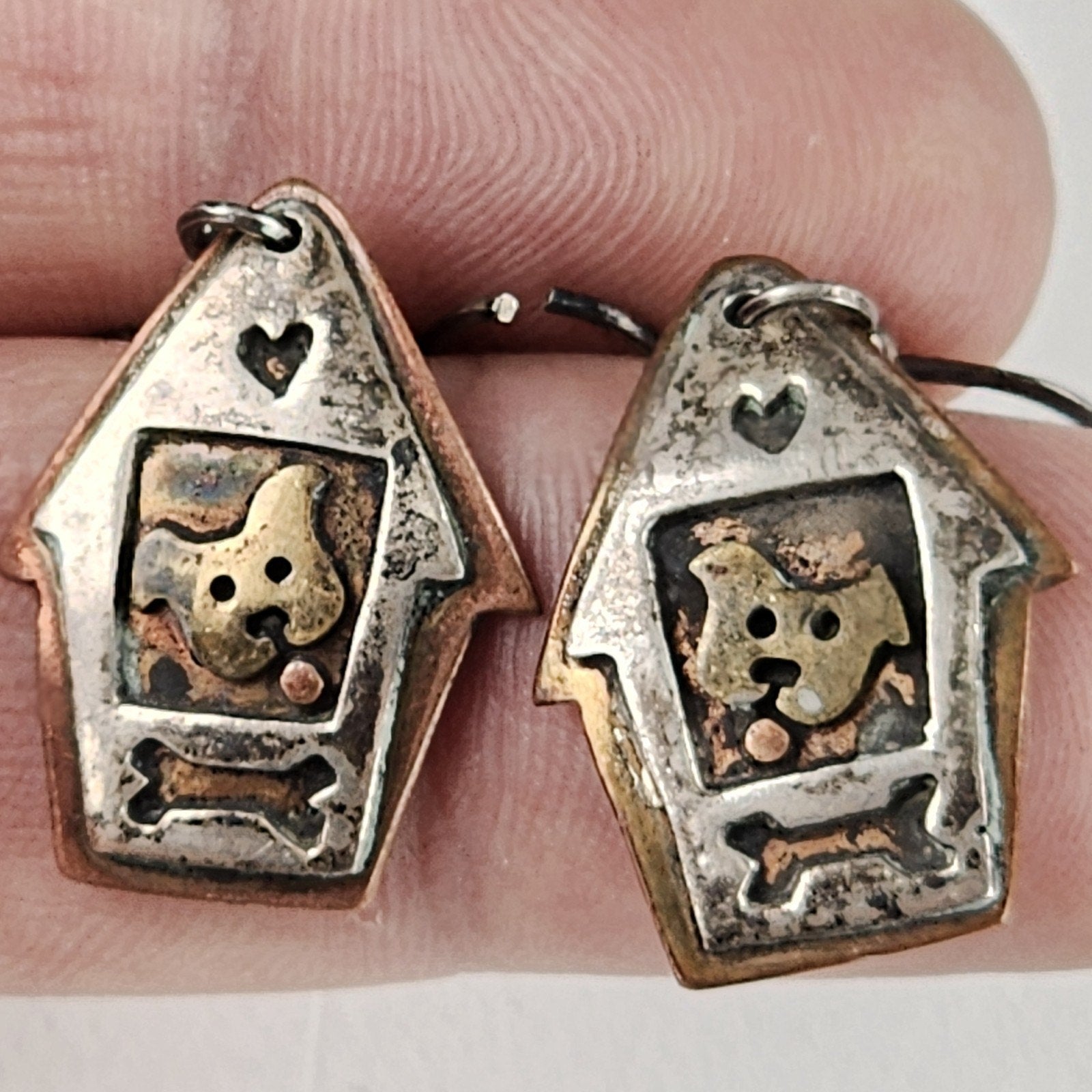Far Fetched Studios Dog House & Bone Dangle Earrings Sterling Silver 925 Copper