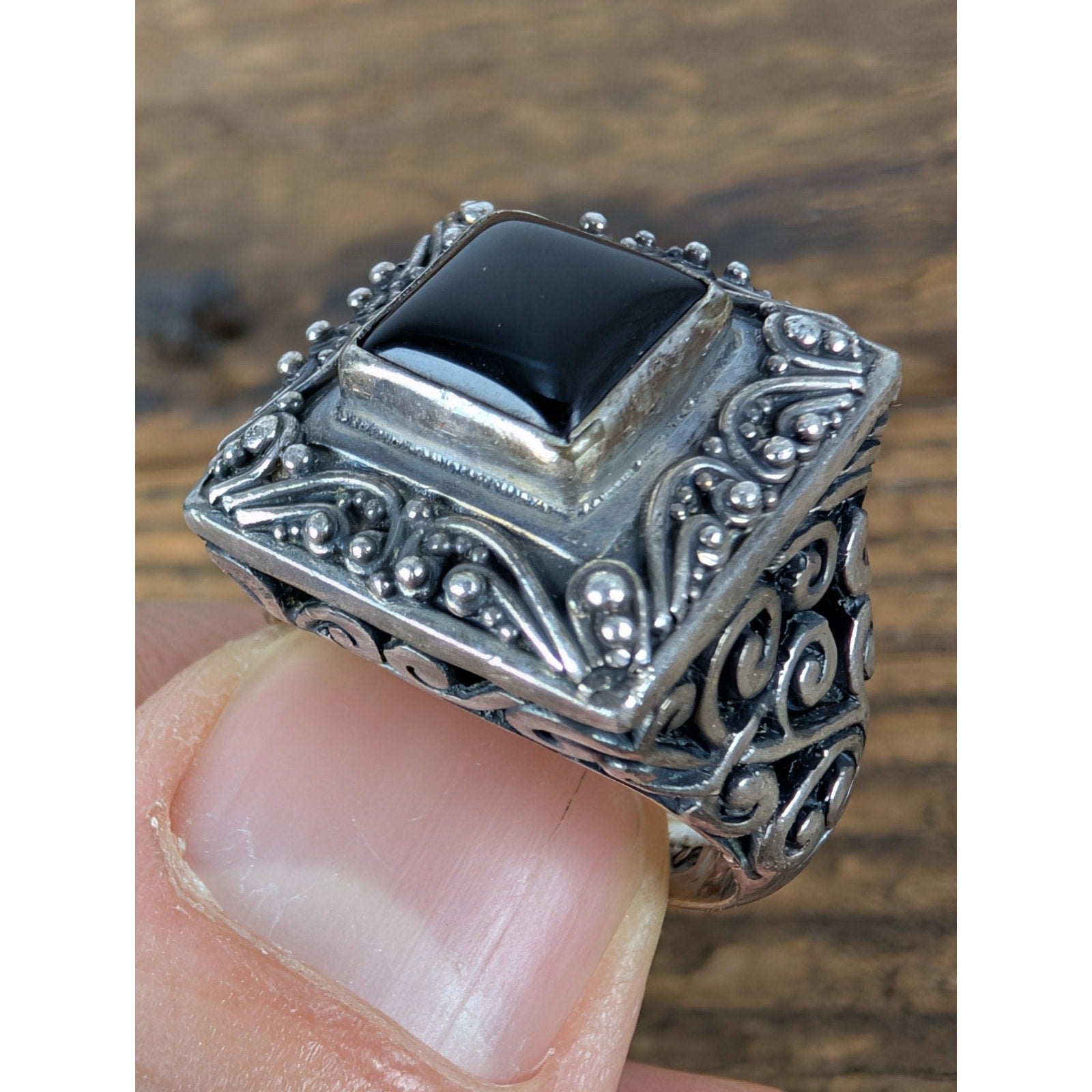 Vintage Bali Black Onyx Sterling Silver 925 Ring Size 7