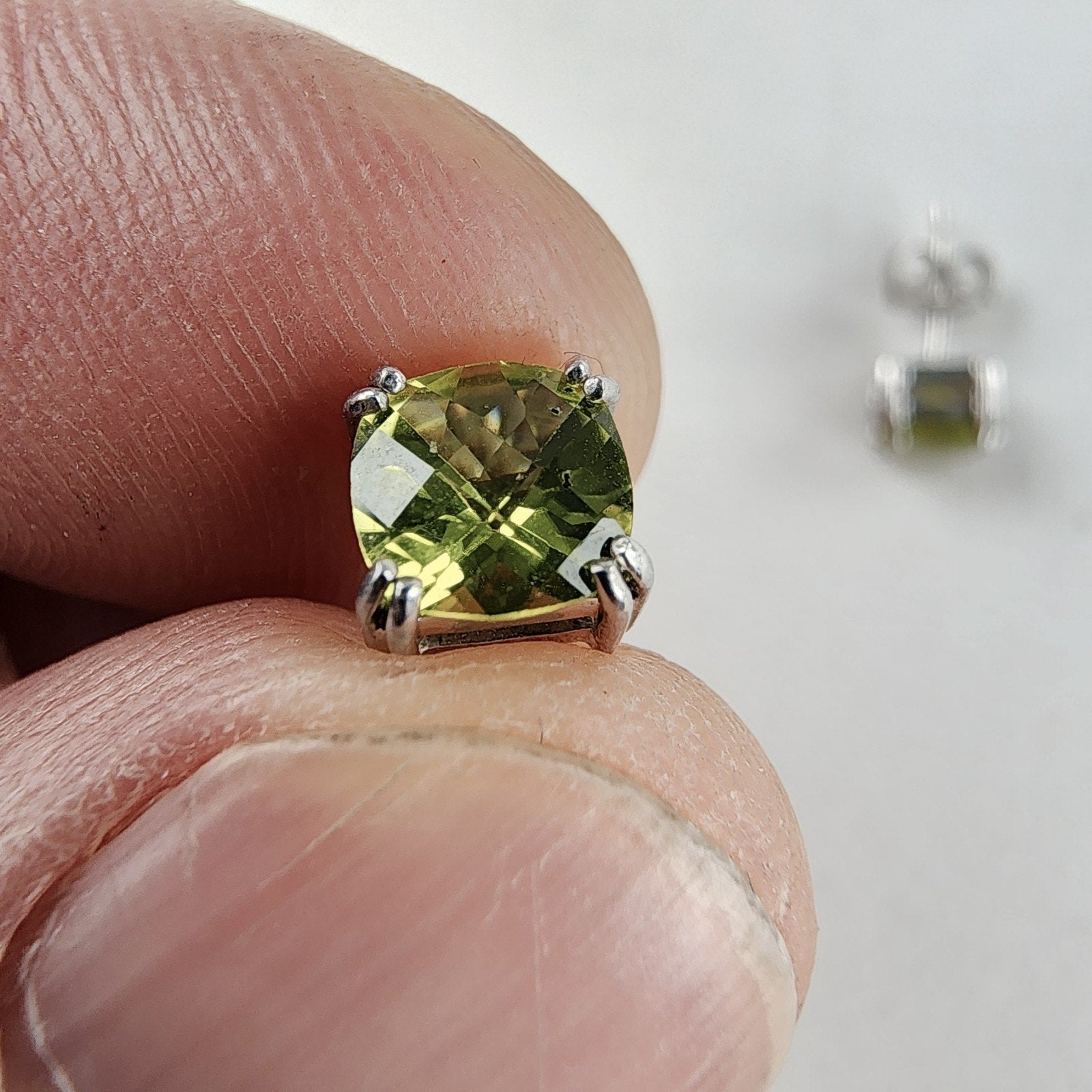 Cushion Cut Peridot Stud Earrings Pair Sterling Silver 925 Vintage