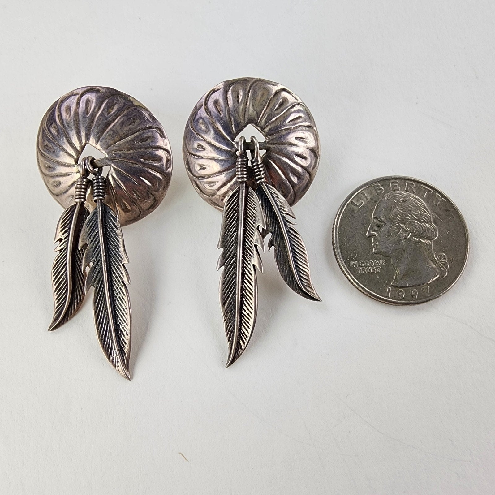 Old Pawn Stamped Feather Concho Earrings Sterling Silver 925 Native Vintage