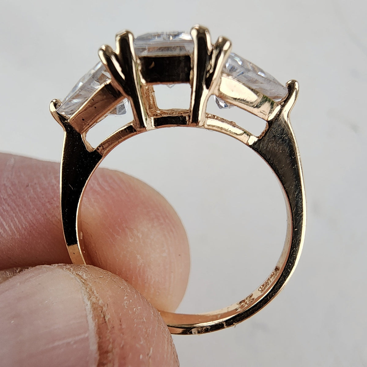 Three Stone Trillion & Princess Cut Ring Size 6 w Gold over Sterling Silver 925
