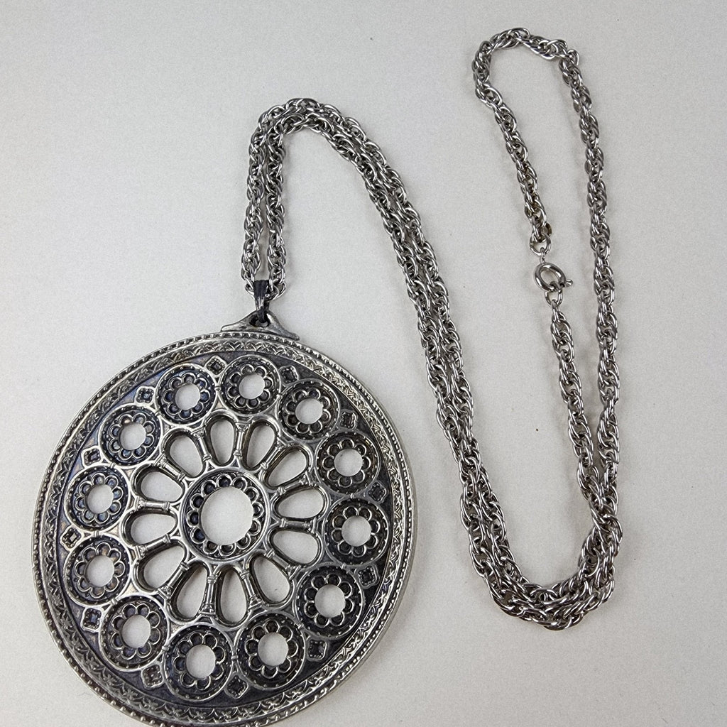 18" Rose Window Pendant Necklace Chartres Cathedral Kirk Pewter 1975