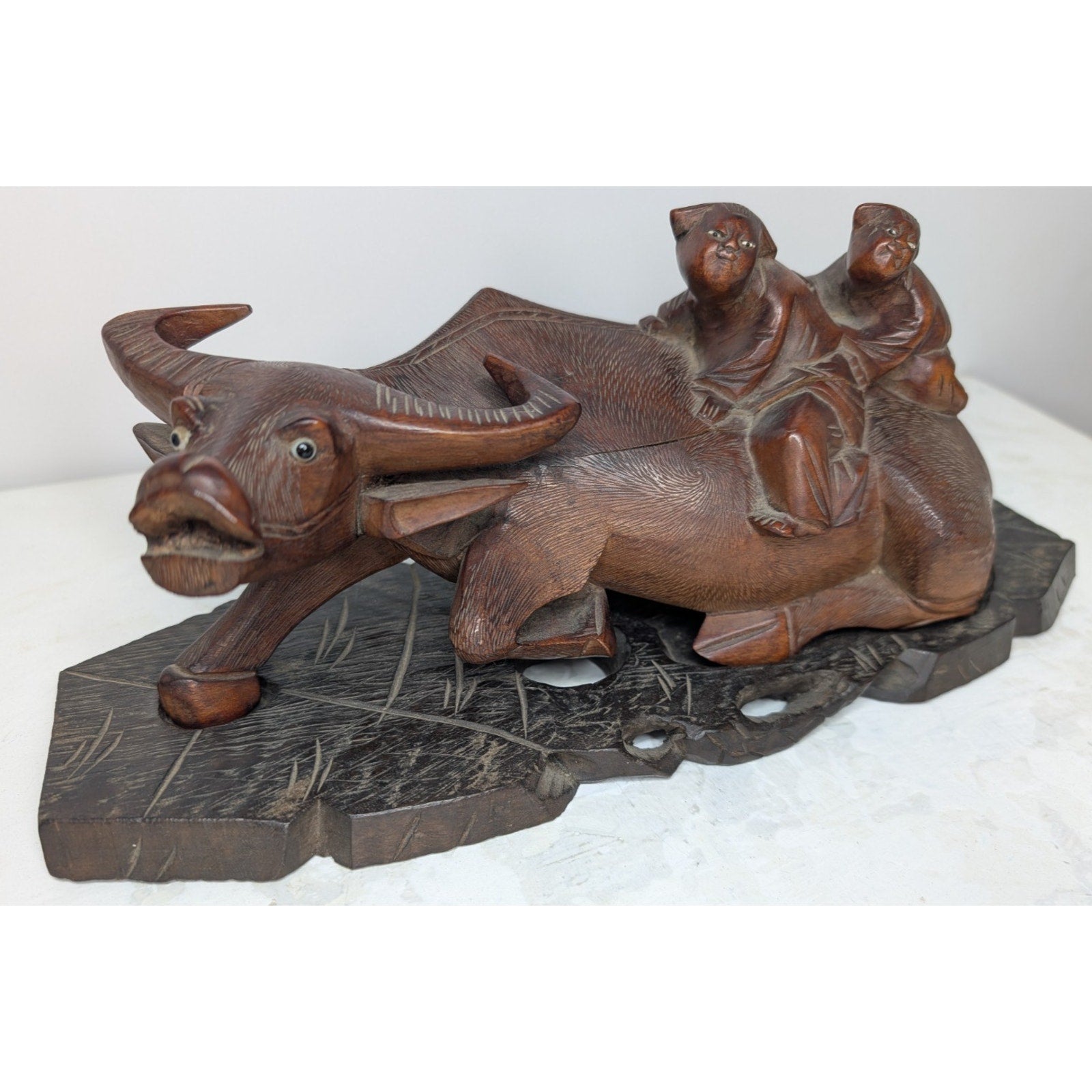 Chinese Water Buffalo Hand Carved Statue w/ Stand Antique Republic Period