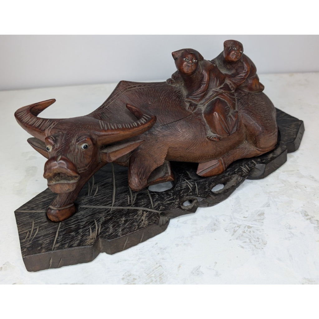 Chinese Water Buffalo Hand Carved Statue w/ Stand Antique Republic Period