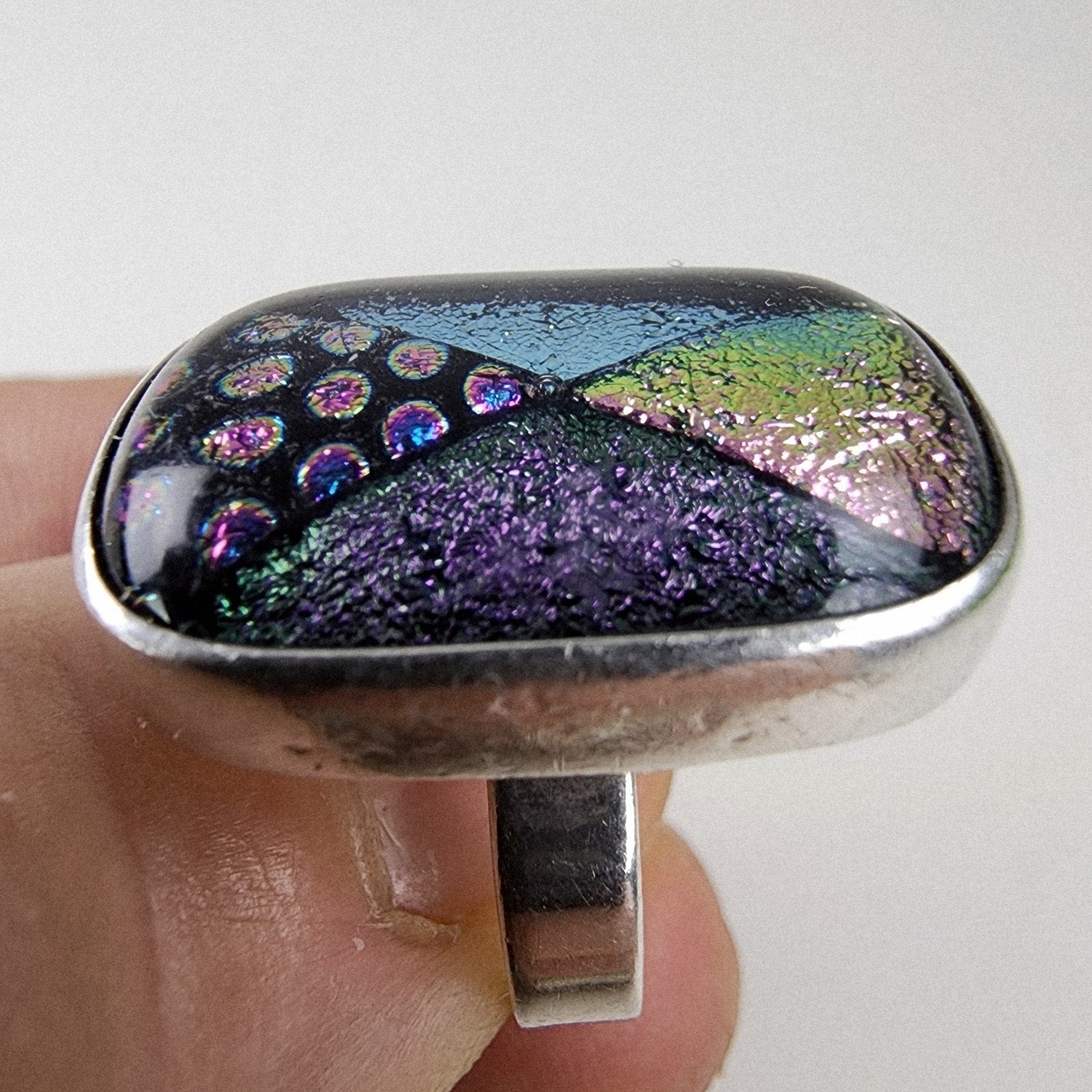 Dichroic Glass Cabochon Mexico Ring Size 7 Sterling Silver 925 Vintage