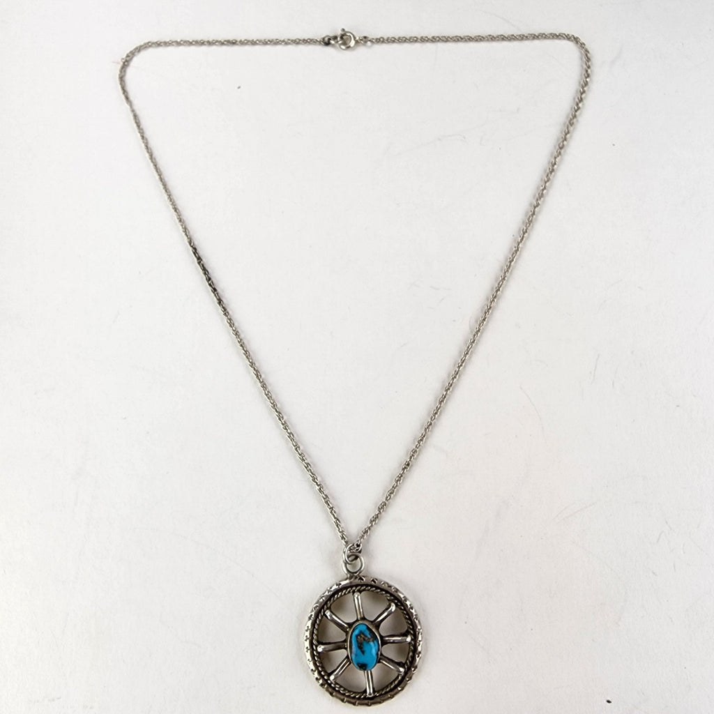 Old Pawn Turquoise Wagon Wheel Pendant Necklace Sterling Silver 925 Signed VP