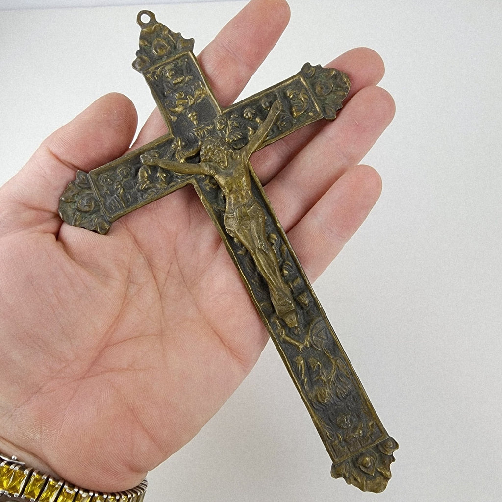 19th C European Baroque Bronze Crucifix Antique Relief Cross 7 1/2"