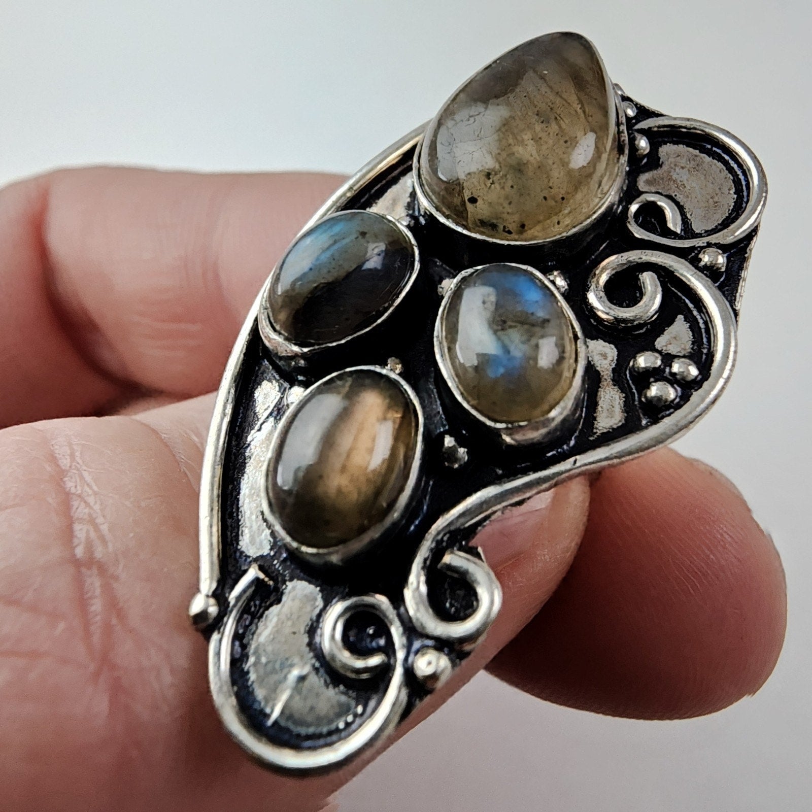 Rainbow Moonstone Shield Ring Size 7 Sterling Silver 925 Vintage