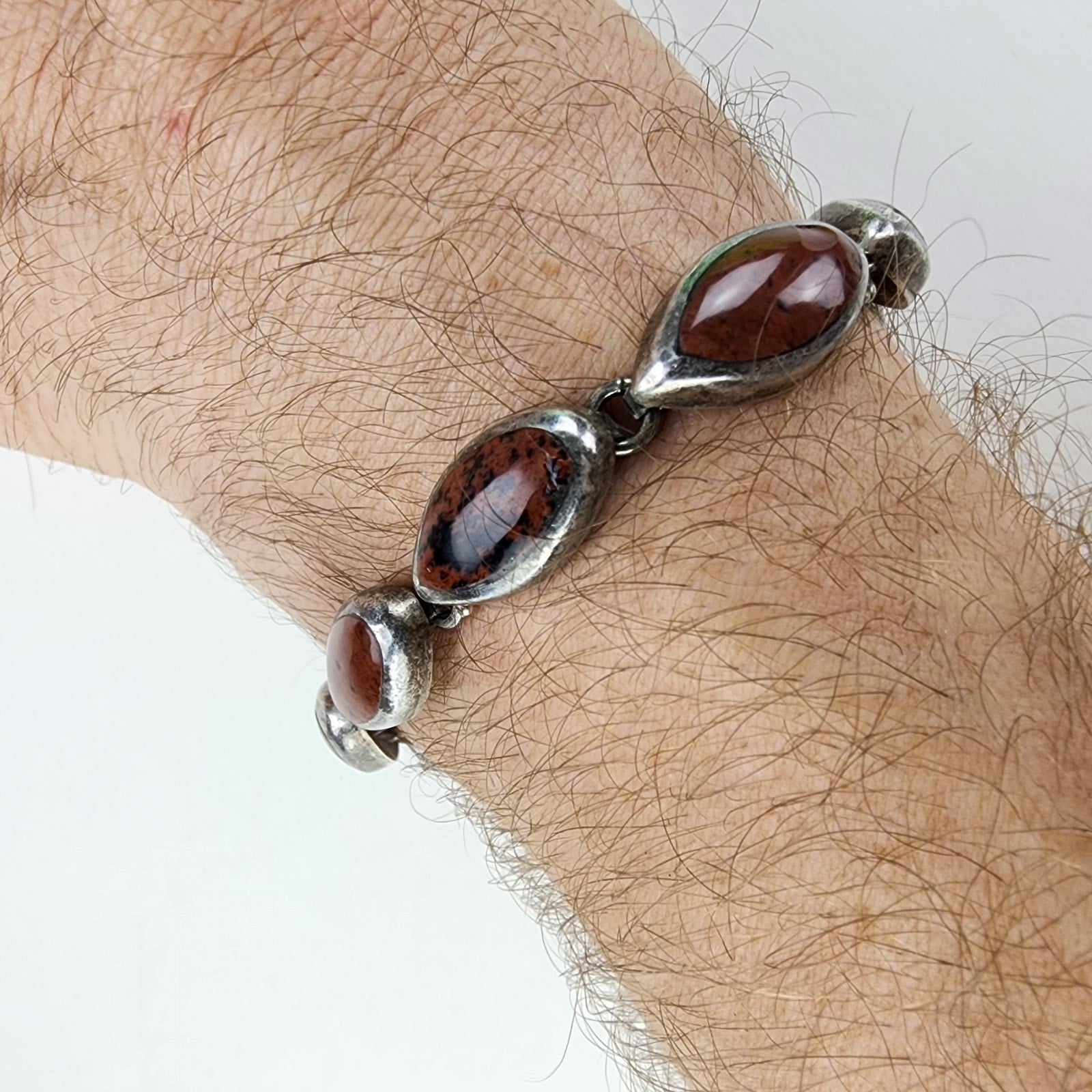 7 1/2" Mahogany Obsidian Inlay Taxco Bracelet Sterling Silver 950