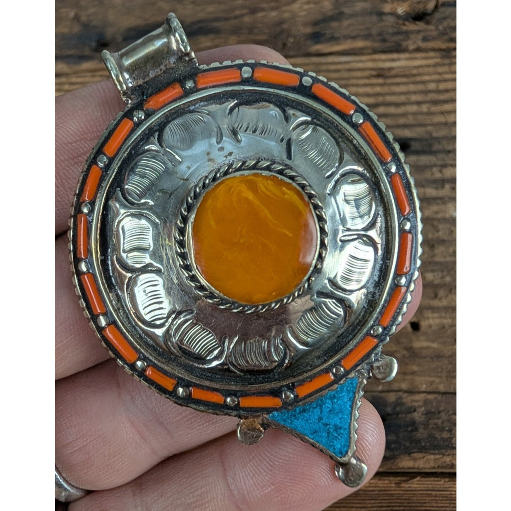 Tibetan Silver Copal Turquoise and Coral Pendant