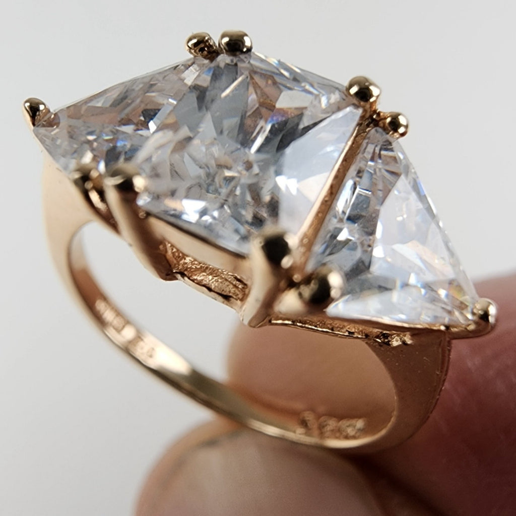 Gold Plated Triple CZ Stone Ring Size 6 Sterling Silver 925 Vintage