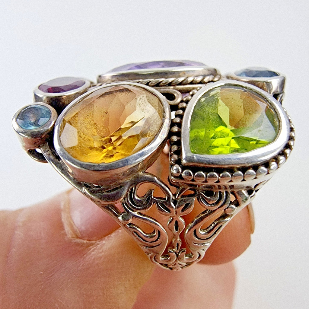 Designer Gemstone Cluster Ring Size 8 1/2 Sterling Silver 925 Vintage