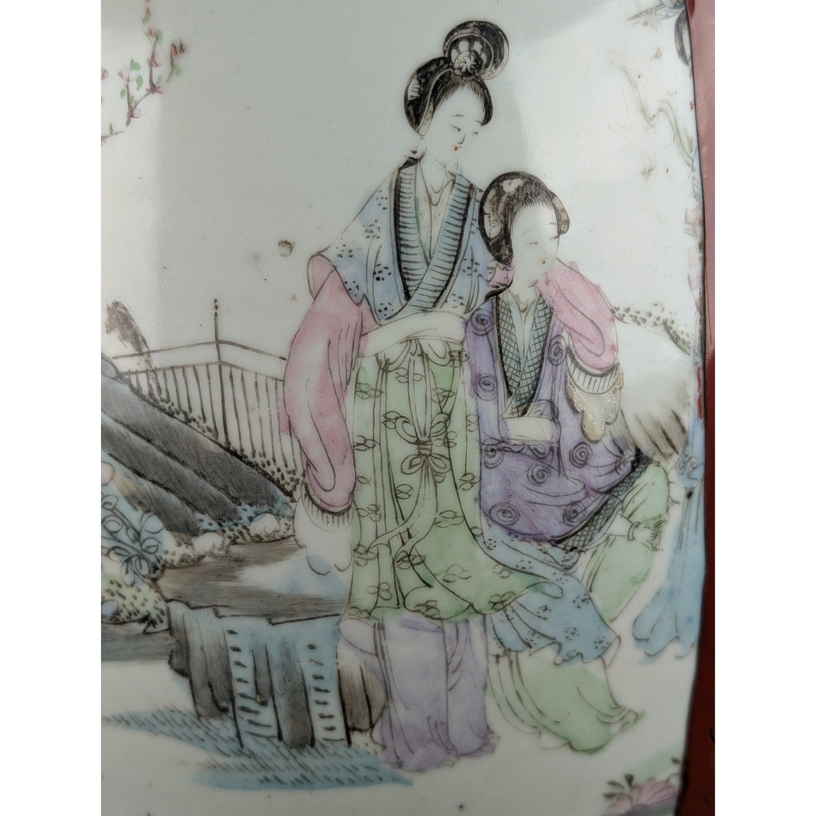 Chinese Porcelain Shard Red Lacquer Box Paper Mache