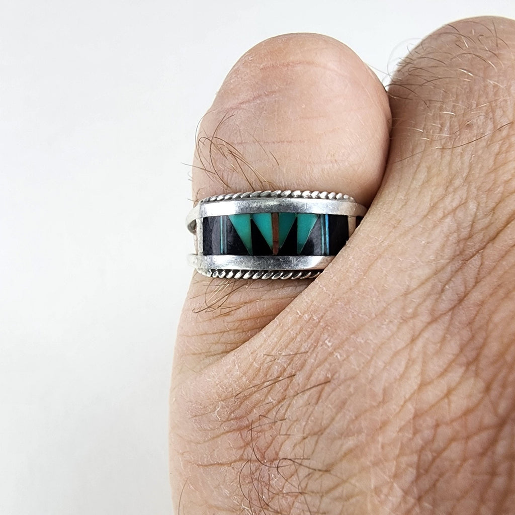 Zuni Turquoise & Onyx Inlay Old Pawn Ring Size 8 3/4 Sterling Silver 925 Vintage