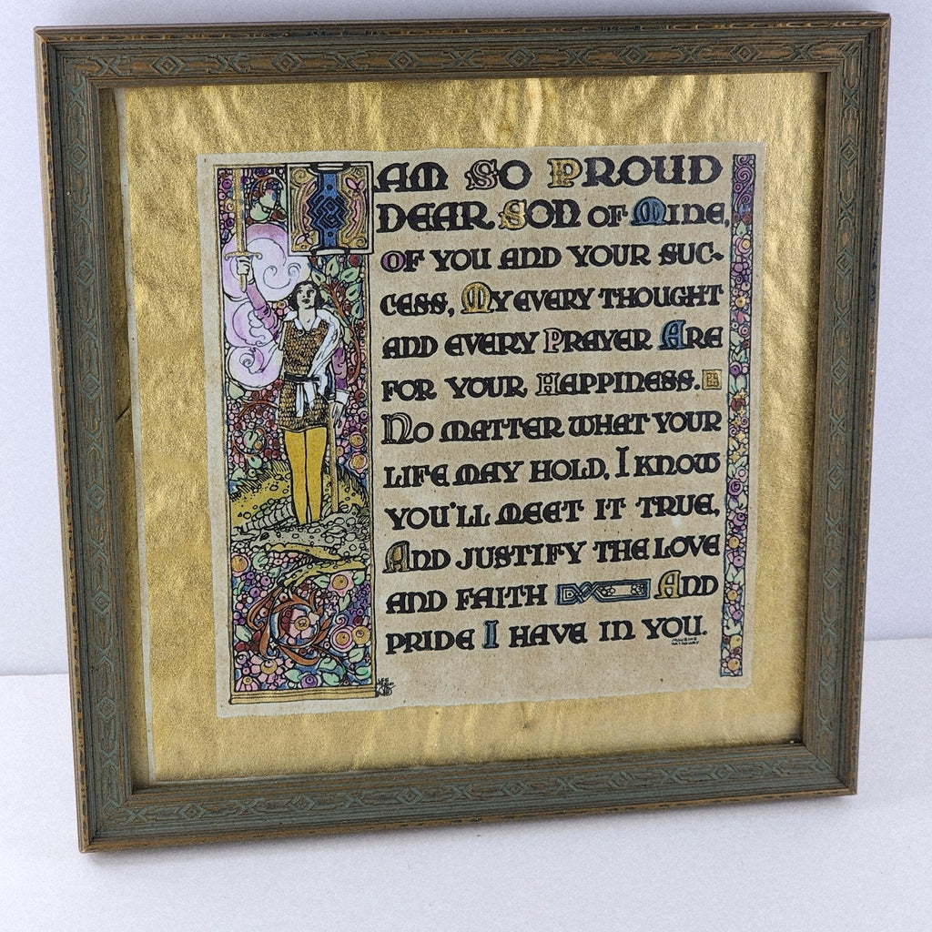 Hand Illuminated Gilded Devotional Parchment Print to Son Original Box Antique