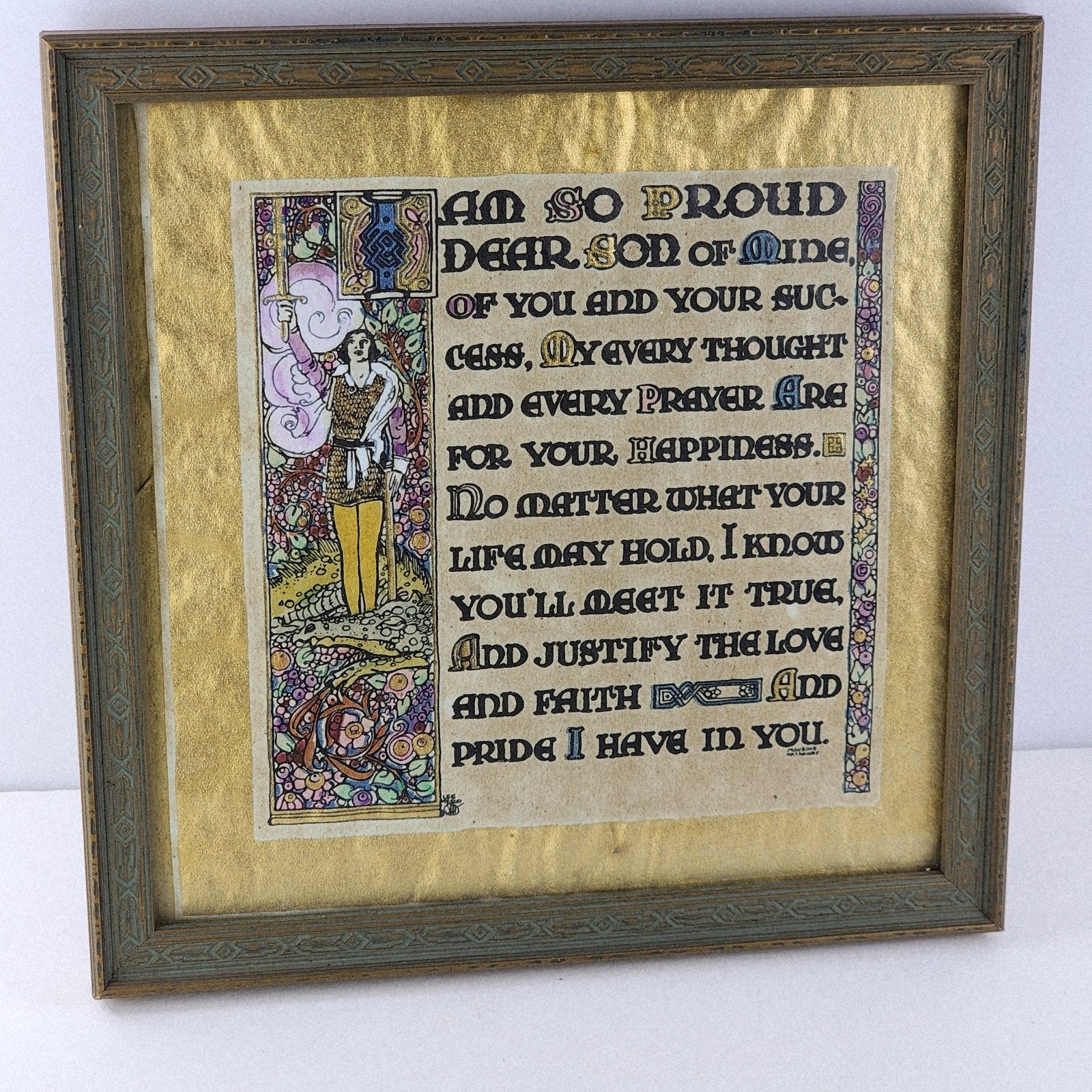 Hand Illuminated Gilded Devotional Parchment Print to Son Original Box Antique