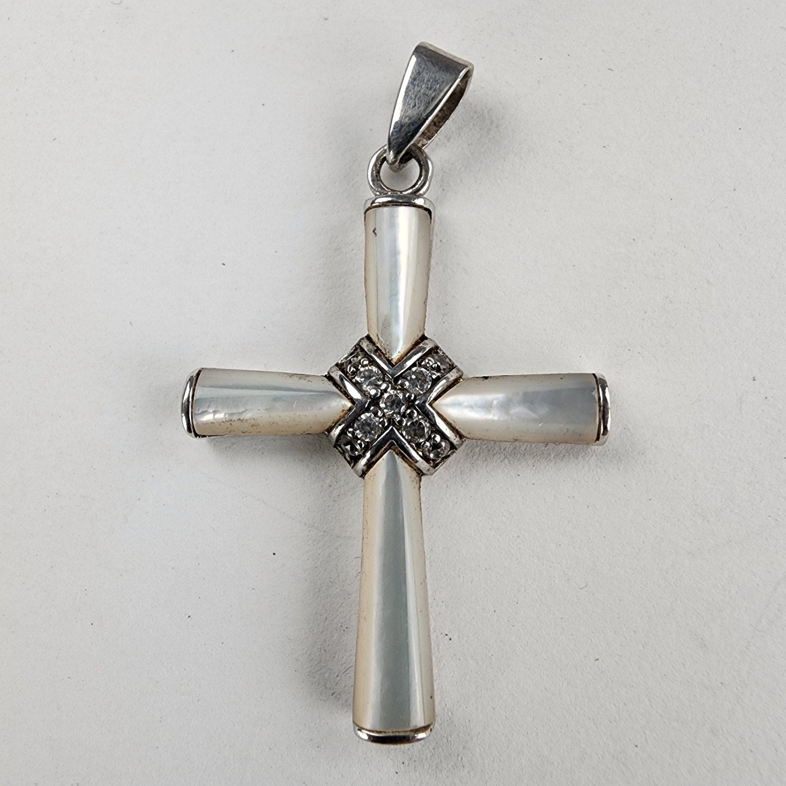 Mother of Pearl & Marcasite Cross Pendant Sterling Silver 925 Vintage