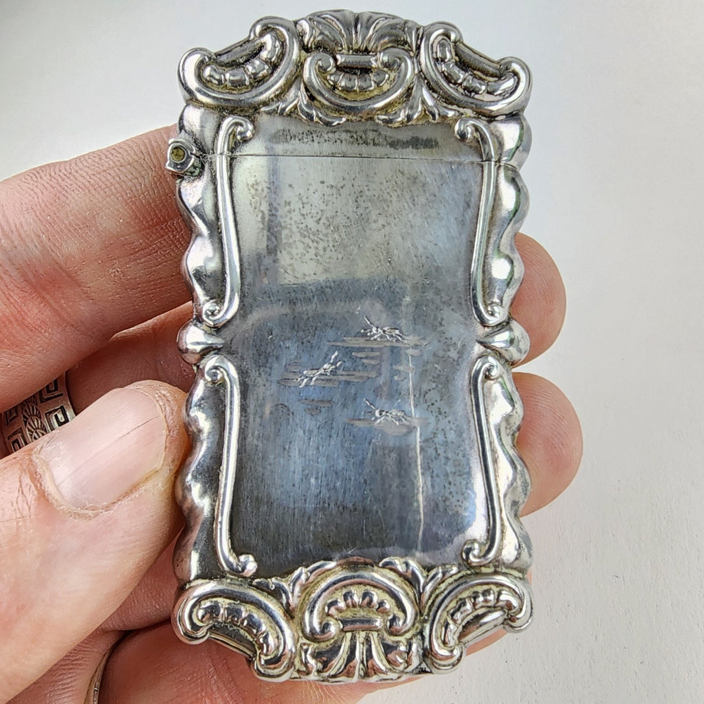 Art Nouveau Match Safe Sterling Silver 925 Engraved Frank & Insects Antique