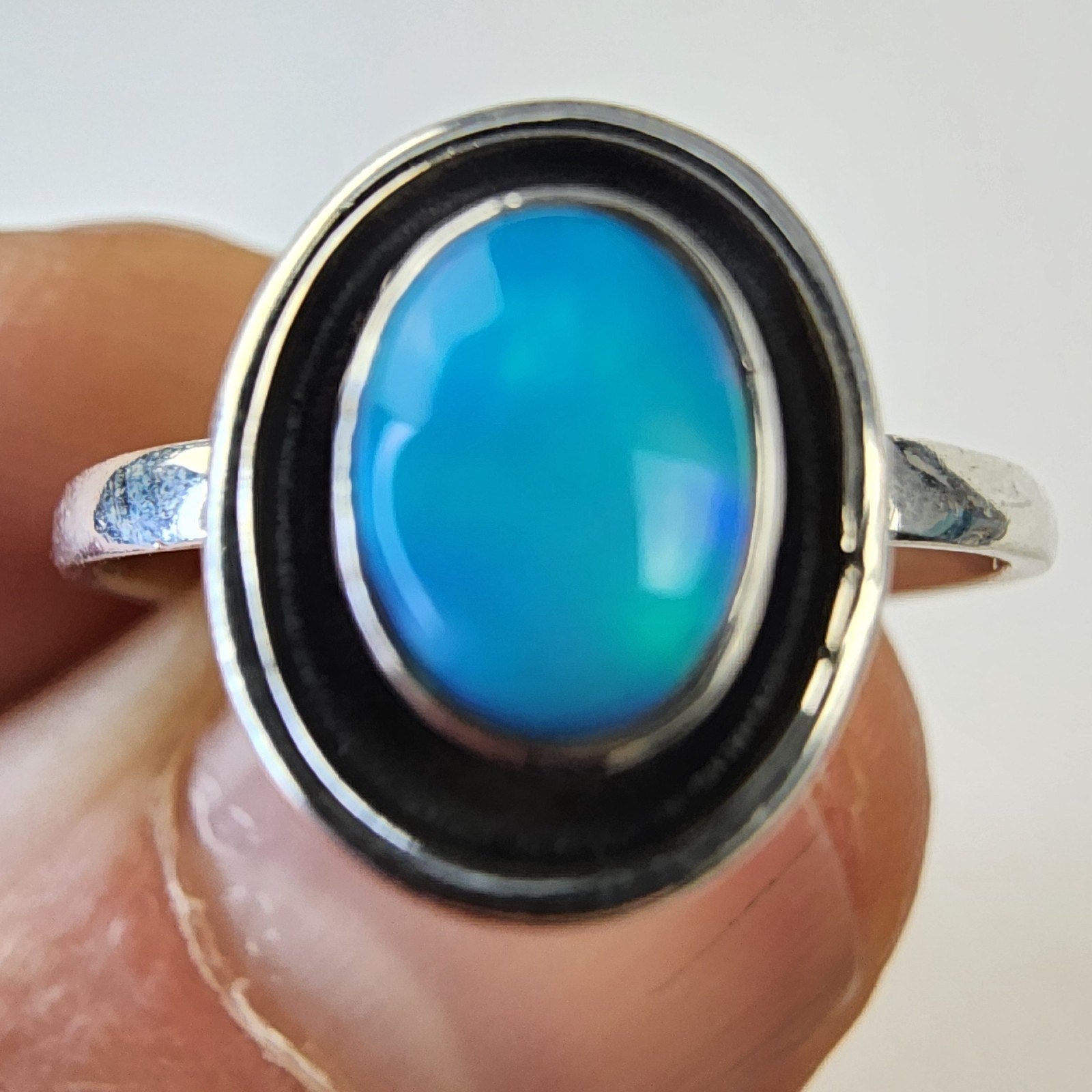 Blue Green Balloon Opal Shadowbox Sterling Silver 925 Ring Size 9 1/2