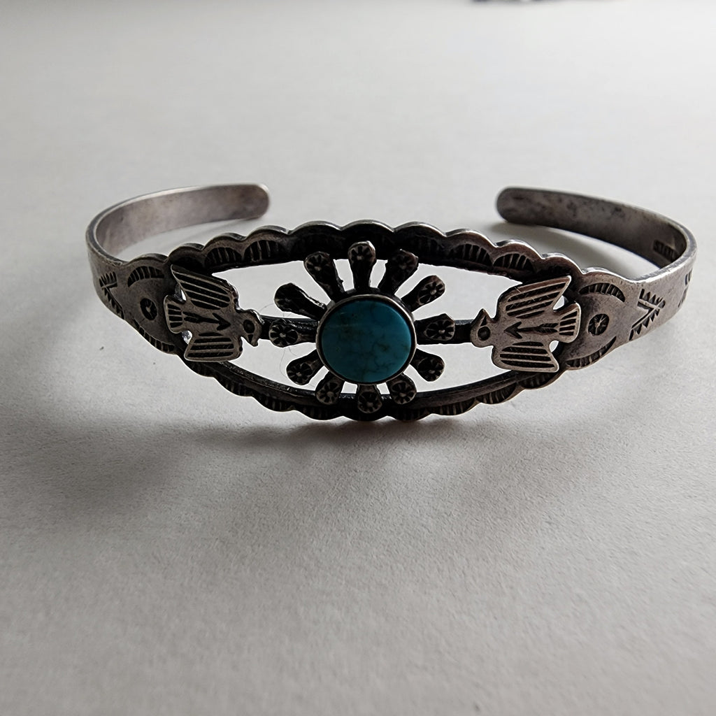 Fred Harvey Era Turquoise Stamped Thunderbird Bracelet in Sterling Silver 925