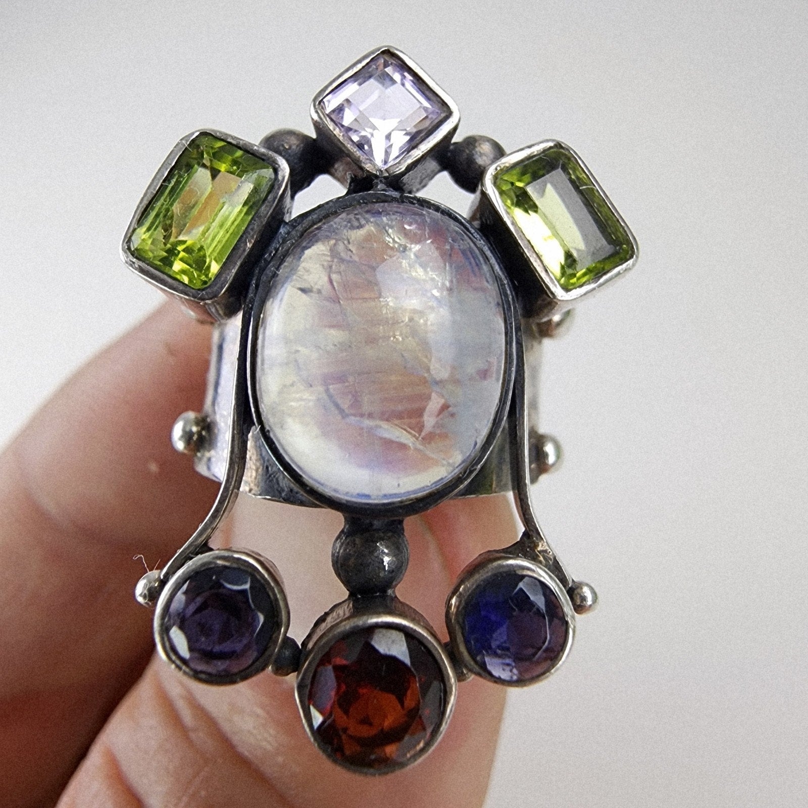 Rainbow Moonstone Gemstone Cluster Ring Size 6 3/4 Sterling Silver 925 Vintage