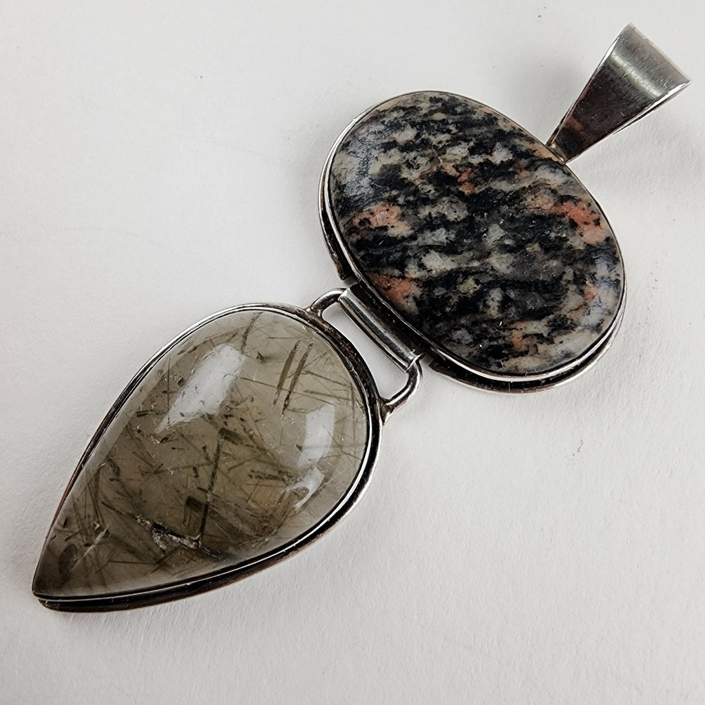 Rutilated Quartz & Rhodochrosite Sterling Silver 925 Vintage Articulated Pendant