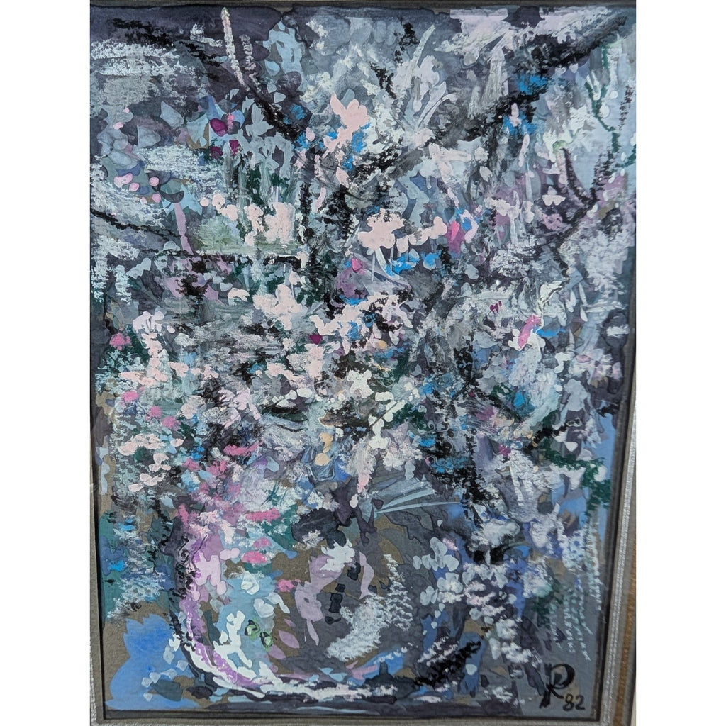 Impressionist Abstract Acrylic on Paper Flower Signed in Gilded Frame 1982