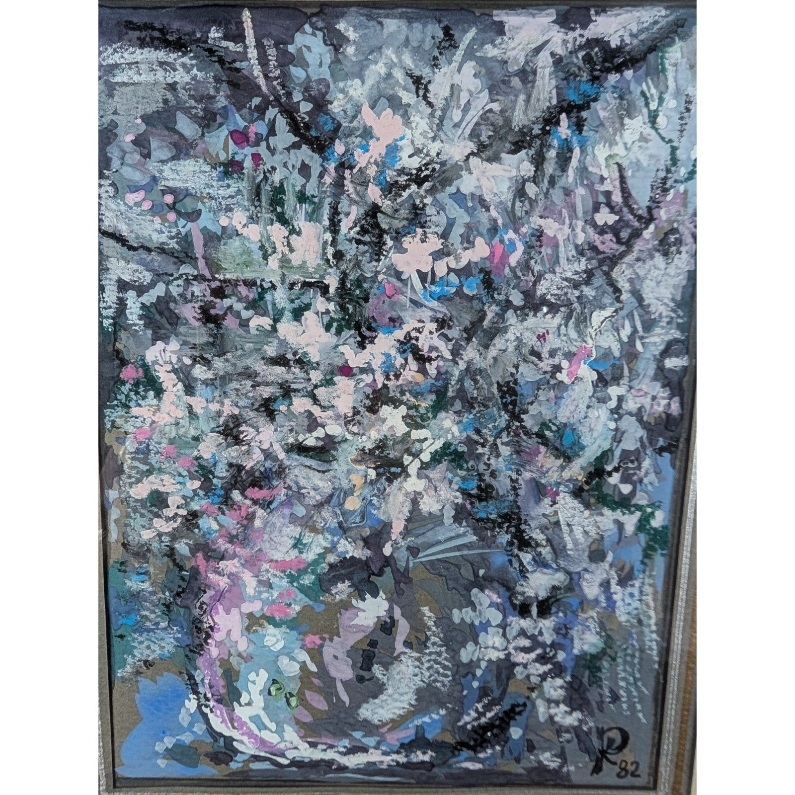 Impressionist Abstract Acrylic on Paper Flower Signed in Gilded Frame 1982