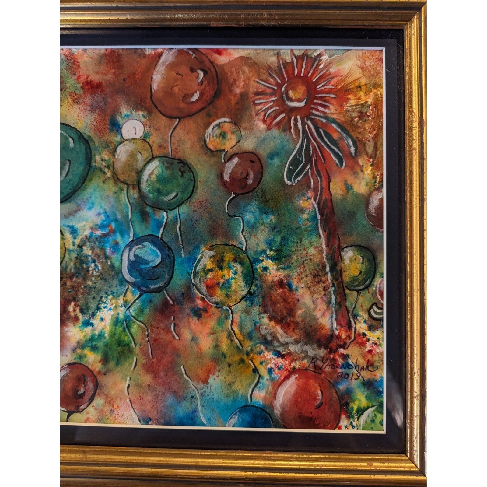 Framed Watercolor & Ink Balloons Popping Painting by Robert Yasenchak 2019
