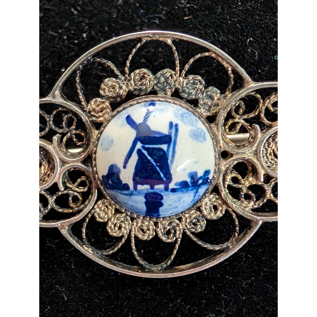 DEFLT Porcelain Filigree Brooch Sterling Silver 925 Antique Pin