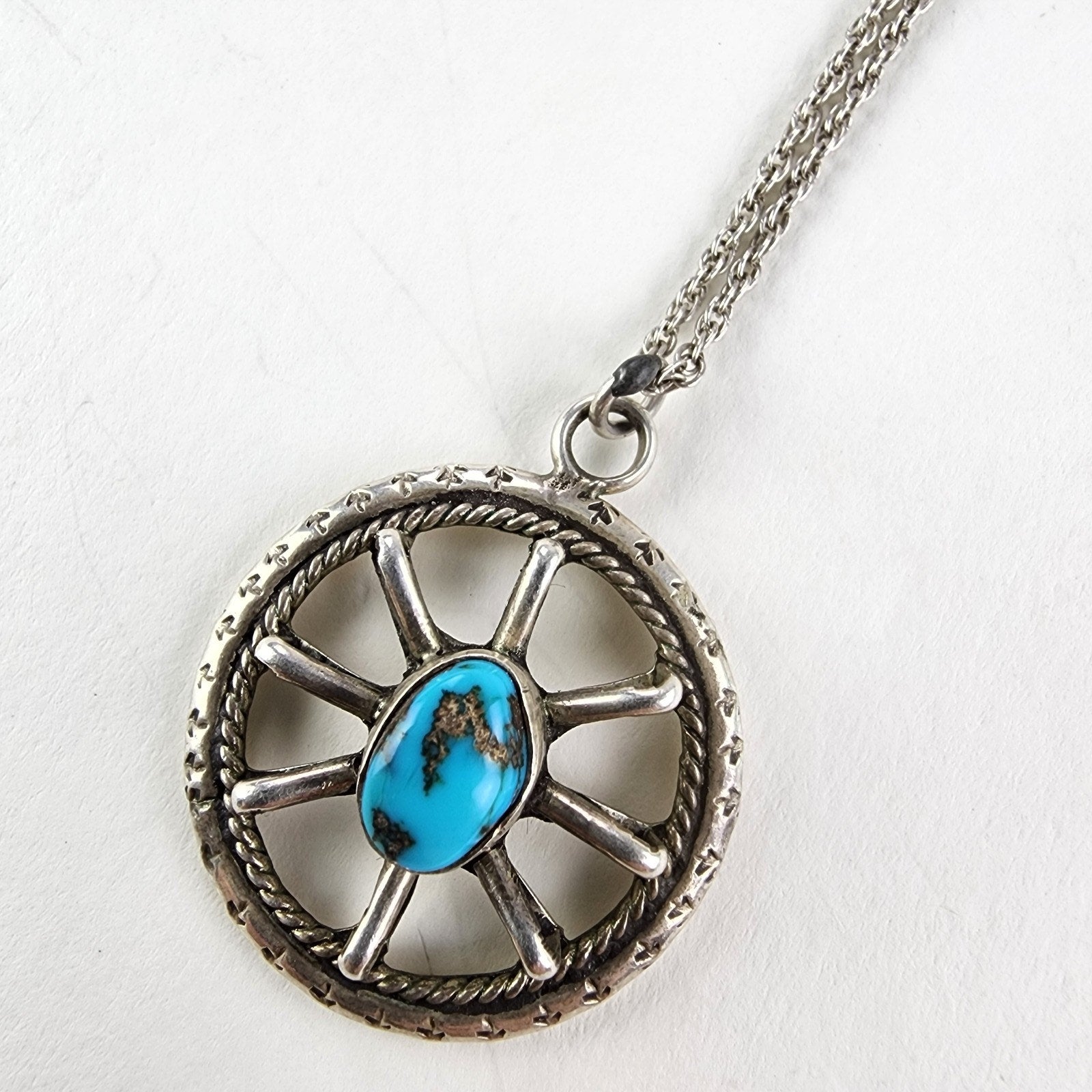 Old Pawn Turquoise Wagon Wheel Pendant Necklace Sterling Silver 925 Signed VP