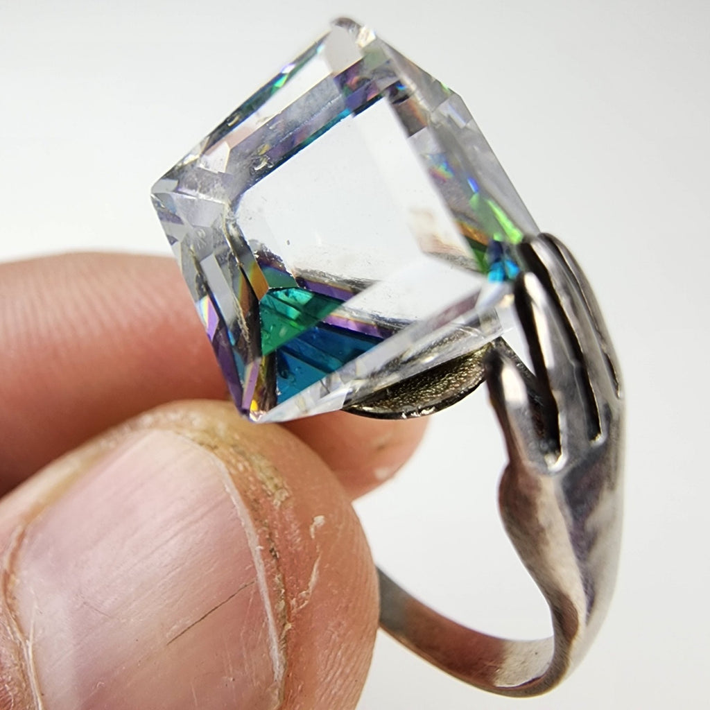 Hands w Iridescent Dichroic Cube Ring Size 7 1/2 Sterling Silver 925 Modernist