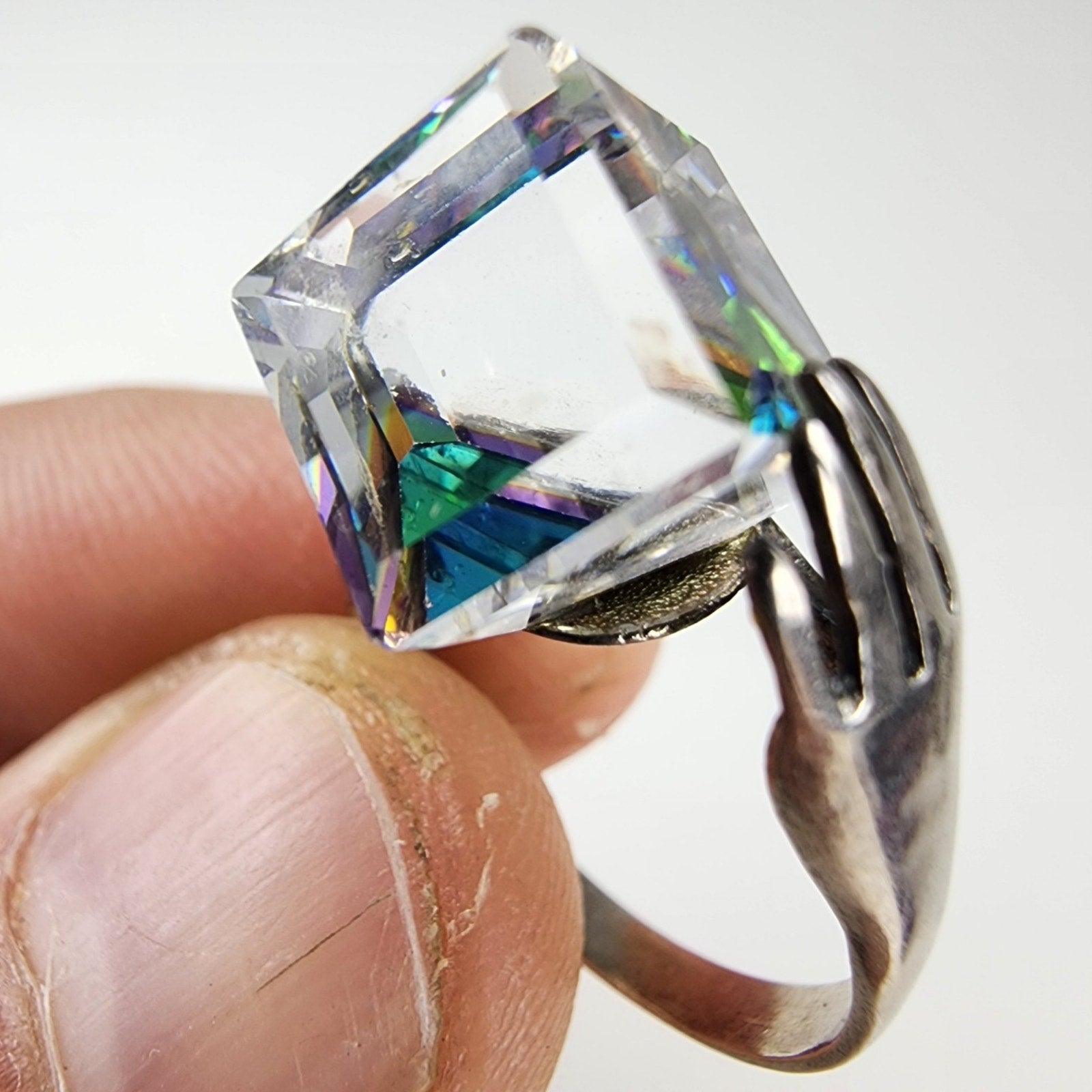 Hands w Iridescent Dichroic Cube Ring Size 7 1/2 Sterling Silver 925 Modernist