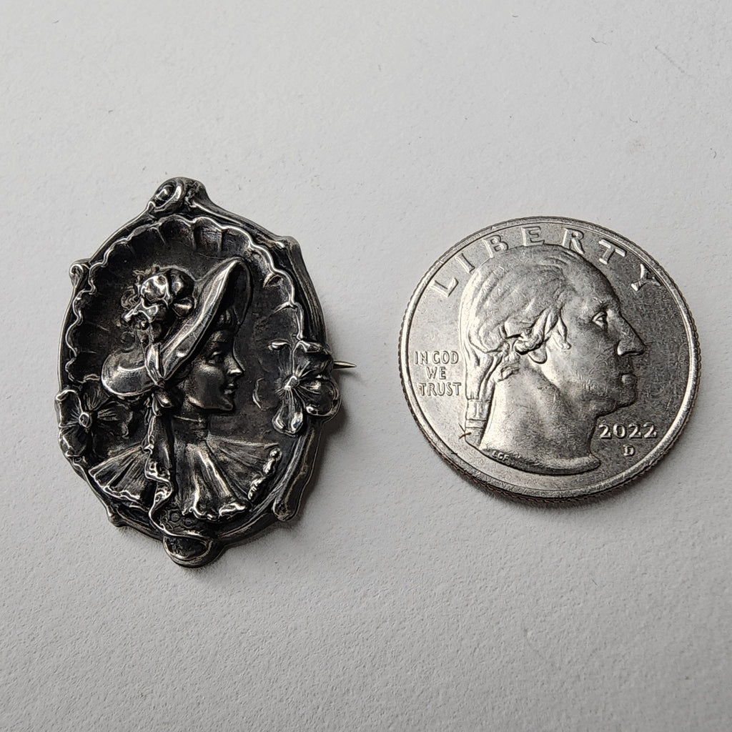 Victorian Sterling Silver 925 Cameo Brooch Pin Repousse