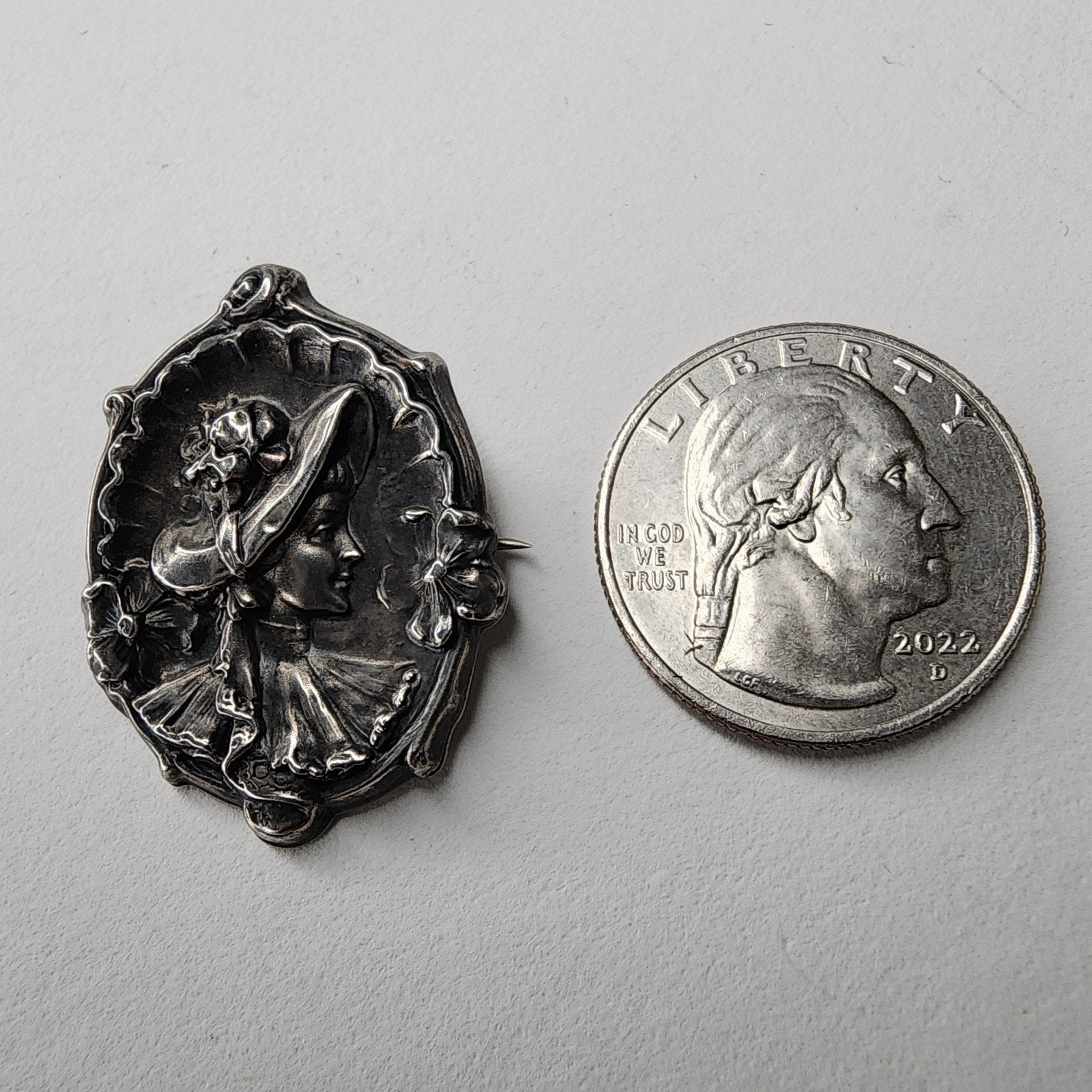 Victorian Sterling Silver 925 Cameo Brooch Pin Repousse