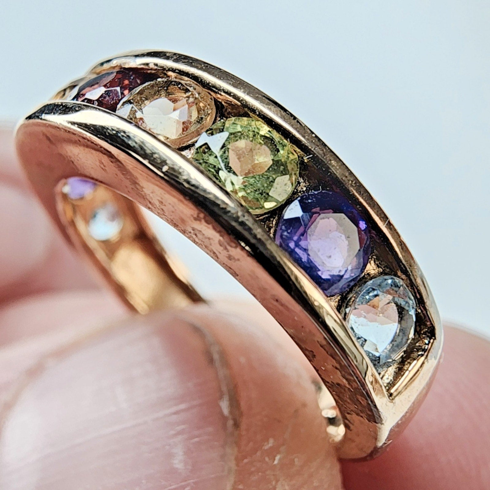 Channel Set Rainbow Gemstone Gold Finish Band Ring Size 7 Sterling Silver 925
